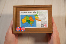 Load image into Gallery viewer, Wooden box with a map of Australia and text on a wooden surface